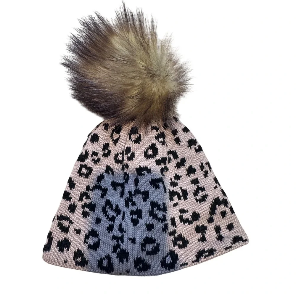 Eisbar Leopard Print Merino‎ Wool Blend Beanie Faux Fur Pom Pom Winter Hat Taupe